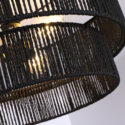 Black Hemp Rope Semi Flush Mount Ceiling Light Fixture 18-Inch Boho Rattan Lamp