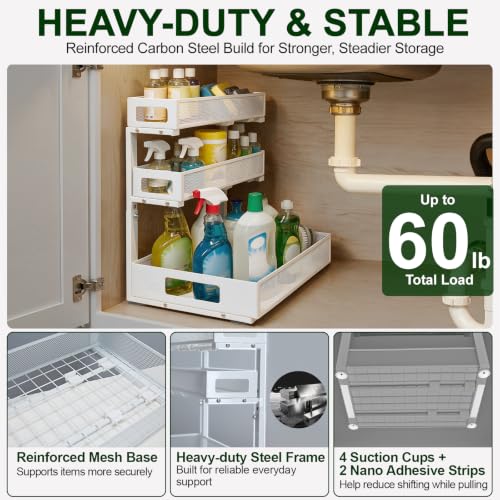VYPIOAY 3-Tier Under Sink Organizer White 2 Pack - Pull Out Bathroom Cabinet Storage