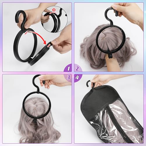 6PCS Wig Storage Bags with Hangers Dust-Proof & Foldable for Travel & Home - Black