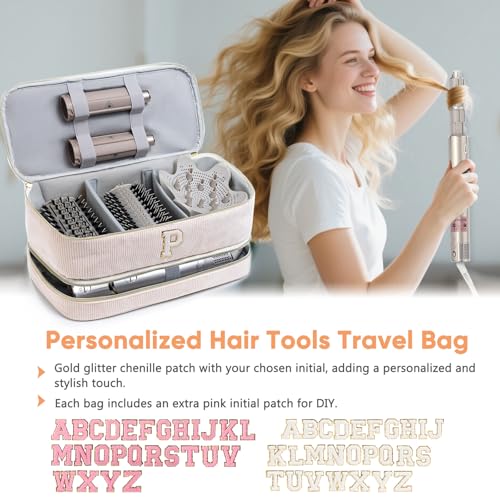 Personalized Travel Hair Tool Organizer Bag with Initial Patch - Ivory