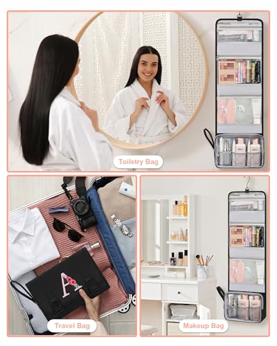 Relavel Hanging Toiletry Bag with Initials - Black Travel Organizer