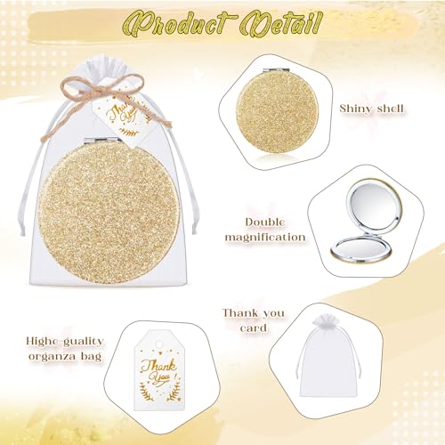 60 Champagne Compact Magnifying Mirrors Gift Set with Thank You Cards & Rope - Bridal & Wedding Party Favors