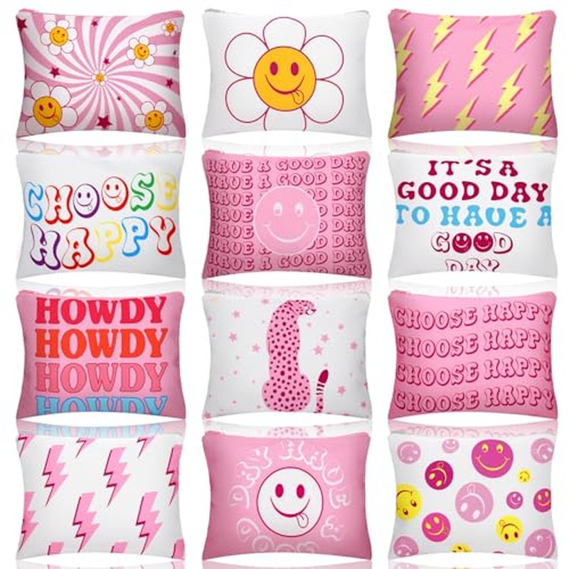 Kajaia 12 Pcs Preppy Makeup Bag with Zipper Pink Christmas Preppy Gift Cute Large Smile Face Cosmetic Bag Portable Travel Toiletry Accessories for Women
