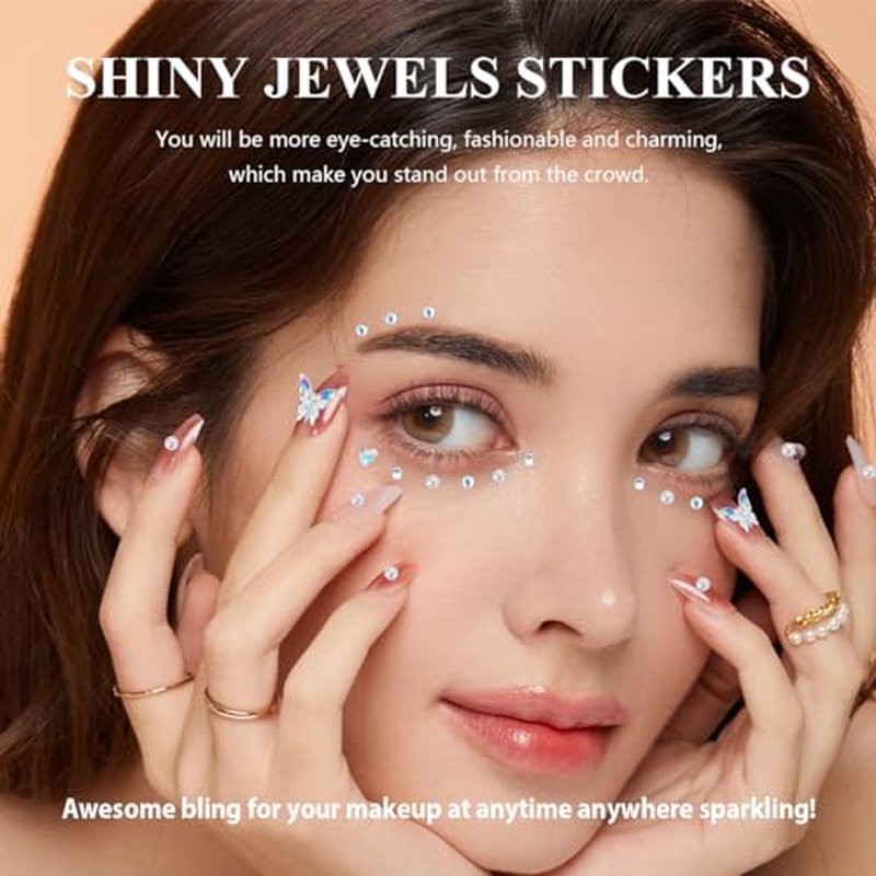 4 Sheets Face Gems Stickers, Self-Adhesive Face Jewels Diamonds Rhinestones for Makeup, Eyes, Nail Pearls Star Temporary Decoration Tattoos