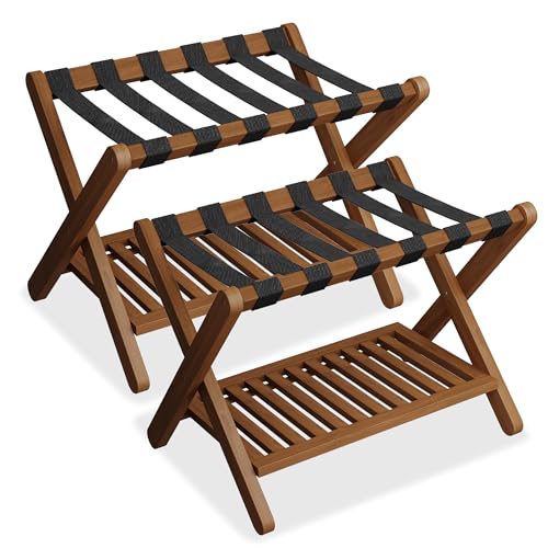 Walnut & Black Bamboo Luggage Rack for Guest Room Pack of 2 - Foldable & Stable Suitcase Stand