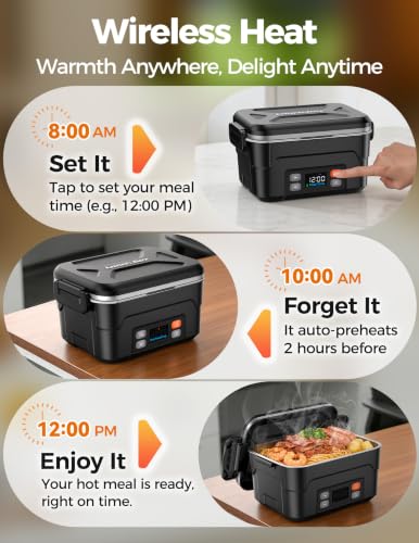 XL 1.5L Cordless Heated Lunch Box - Black, Rechargeable, 220°F