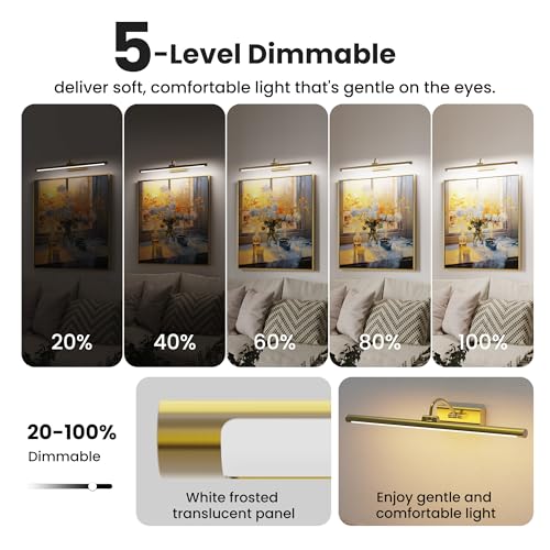 24-Inch Brass Wireless Picture Light with Remote & 8000mAh Battery - Wall Art Lighting