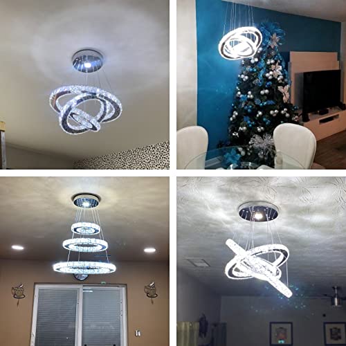 3-Ring LED Crystal Chandelier for Dining Room - Silver, Cool White, Adjustable Height