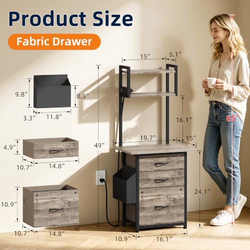Grey 49-Inch Tall File Cabinet with Charging Station, 3 Drawers & Storage