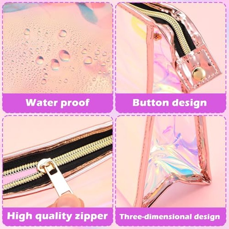 10 Pcs Iridescent Makeup Bag Clear Holographic Makeup Bag Bulk Portable Waterproof PVC Zipper Toiletry Travel Makeup Bags for Women Mother's Day Bride Bridesmaids Gifts Pink