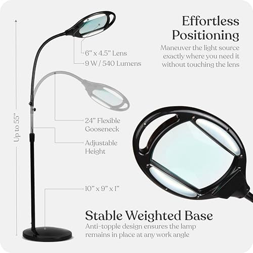 Magnifying Floor Lamp with Bright LED Light - 3 Diopter Black Gooseneck Reading & Work Light