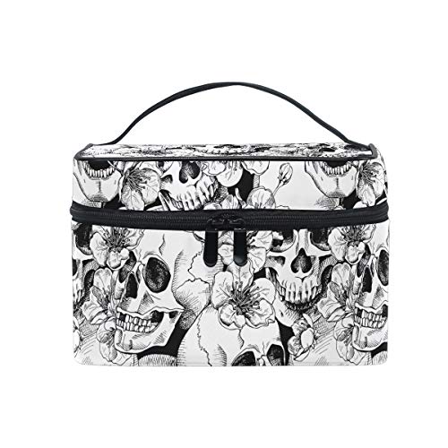 Makeup Train Case Sugar Skull Mexican Floral Korean Carrying Portable Zip Travel Cosmetic Brush Bag Organizer Large White Elephant Gift for Girls Women
