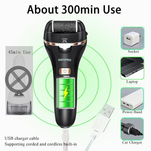 CIVYPRO Black Electric Foot Callus Remover Rechargeable Pedicure Tool Waterproof