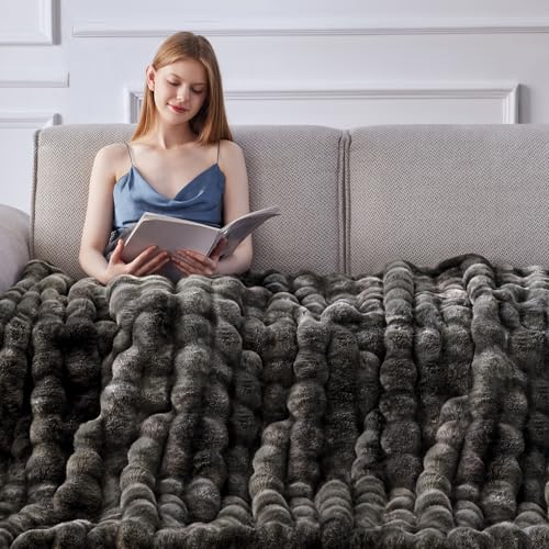 Anysay Faux Fur Throw Blanket - Grey Queen 80x90 Inches Fluffy Bubble Design