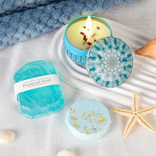 Blue Gift Basket for Women - Self Care Set with Blanket, Candle, Tumbler & More