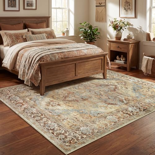 Jinchan 8x10 Vintage Thin Large Area Rug - Warm Taupe, Non-Slip Indoor Floor Covering