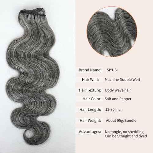 SIYUSI Salt and Pepper Human Hair Bundles 12 14 16 Inch Body Wave Human Hair 3 Bundles 100% Unprocessed 12A Brazilian Hair Weave Extensions Natural Gray-White Color