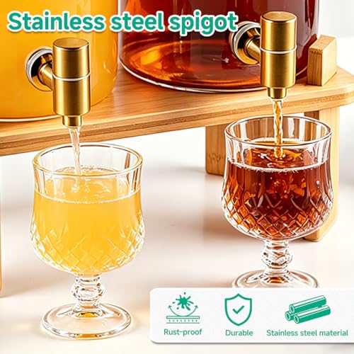 2 Gallon Beverage Dispenser Set with Bamboo Stand, Large Glass Water & Juice Container for Parties