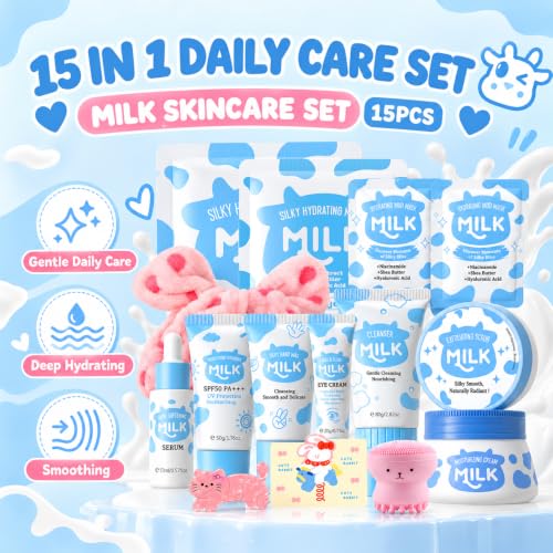 WOUGLAY 15-Piece Milk Skincare Kit for Teens & Women | Travel Set with Mask & Moisturizer - 0.07 Fl Oz