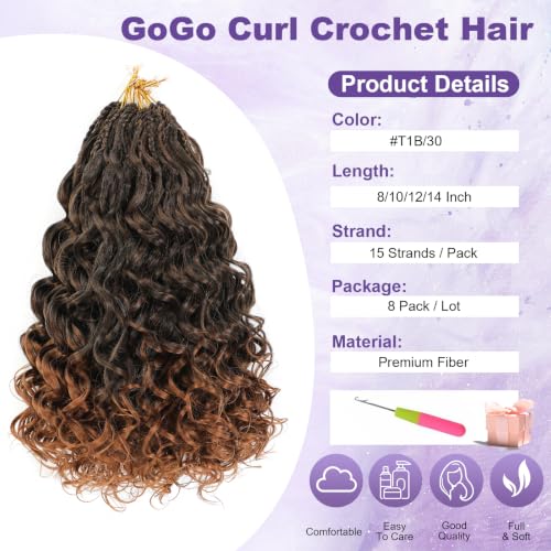 BATISI Gogo Curl Crochet Hair 8 Packs Short Ombre 10 Inch Pre-Looped Synthetic Extensions for Women