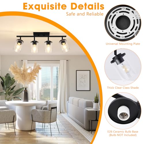 FadimiKoo 4-Lights Black Semi-Flush Track Light with Clear Glass Shades (Black) - Rotatable Heads