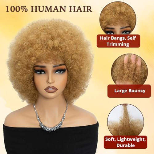 Short Afro Human Hair Wig for Black Women - Honey Blonde 70s Style Curly Wig with Bangs