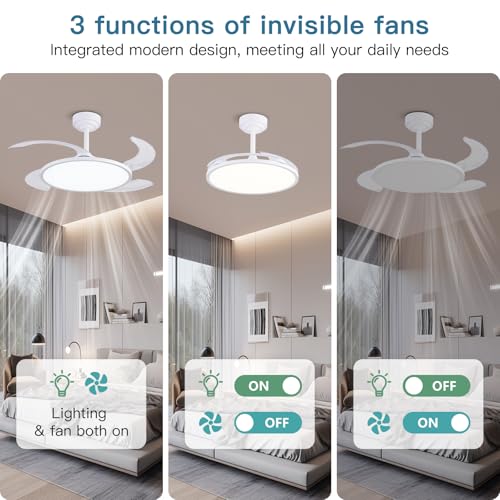 Retractable Ceiling Fan with Lights and Remote - 42 Inch White Fandelier with Dimmable Full Spectrum Light, Timer, Silent DC Motor