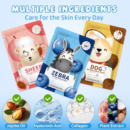 Kids Animal Face Masks Set - Hydrating & Moisturizing 56 Pack with 7 Characters - H-56 Pack