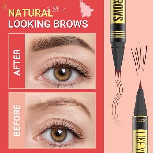 Microblading Eyebrow Pen - 2-in-1 Dual-Ended Eyebrow Pencil with Micro-Fork Tip & Precise Brush-Tip for Natural, Long Lasting Brows - Dark Brown
