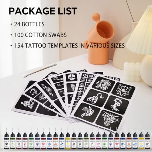 Temporary Tattoo Kit with 24 Ink Bottles & 154 Stencils - 12 Colors, Waterproof & Long-Lasting