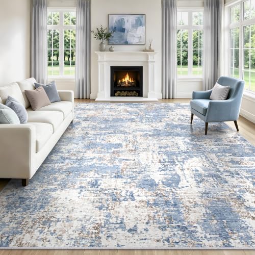 Blue Washable Area Rug 8x10 for Living Room & Bedroom - Abstract Carpet