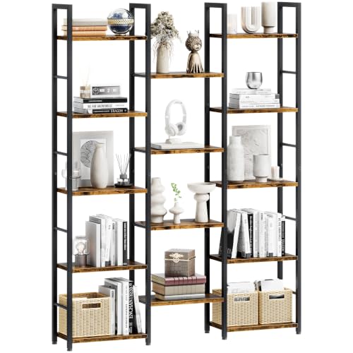 Shintenchi 5 Tier Large Bookcase - Tall Open Shelves Triple Bookcase