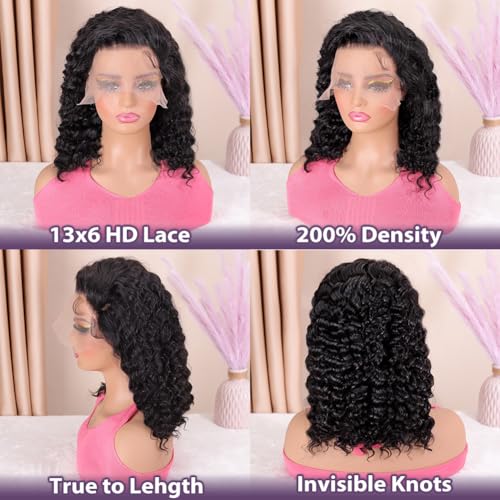 Human Hair Curly Bob Wig 13x6 Lace Front Short Wavy Wig 14 Inch 180 Density