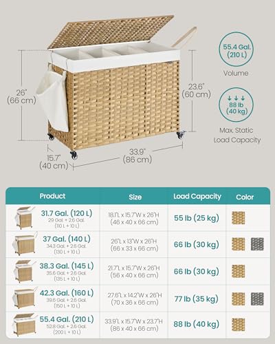 SONGMICS 210L Natural Synthetic Rattan Rolling Laundry Hamper with Lid & Removable Liners