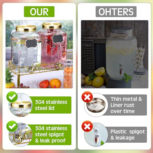 Glass Drink Dispenser with Stand and Lid - 2 Gallon Capacity - Gold - Set of 3