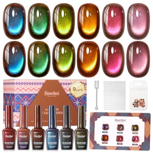 Beetles Mocha Sweater Cat Eye Gel Nail Polish Set, 6 Colors, 9ml - Brown Nude Gold Variation