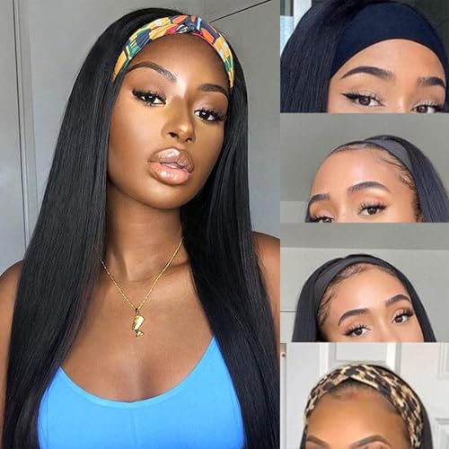 Natural Color Headband Wig Straight 12 Inch Human Hair for Black Women - No Lace, Glueless, 150% Density
