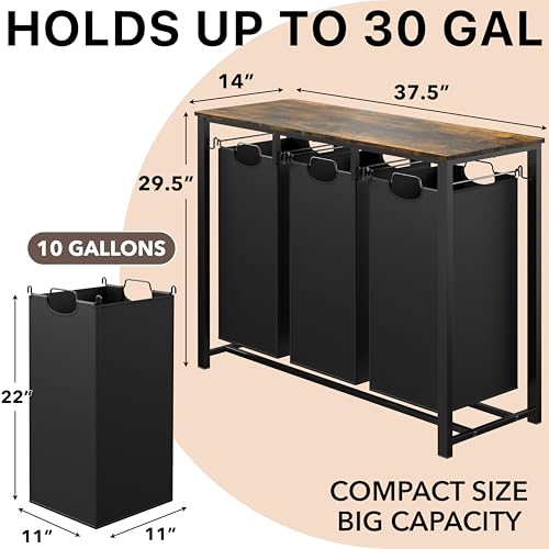 Laundry Sorter with Tabletop Shelf - 3-Section Steel Frame, Rustic Brown