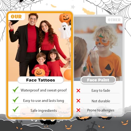 Halloween Face Temporary Tattoos, 14PCS Pumpkin Spider Bat Witch Freckles Tattoo Stickers, Halloween Face Makeup Tattoos for Kids and Women (6x3inch)
