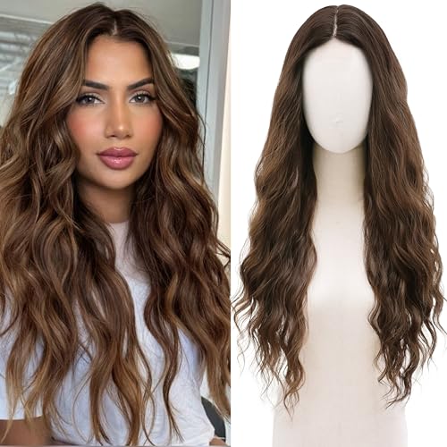 Cosplay Long Brown Wig 28 Inch Middle Part Synthetic Hair - Brown / 28 Inch