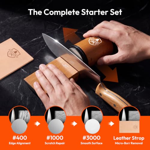 Knife Sharpener Kit with Diamond & Ceramic Discs, 15° & 20° Angles, Wooden Base
