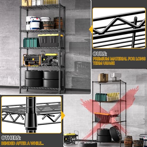 M MZG 5-Tier Metal Storage Shelves Black 15.7''D x 33.5''W x 68.5''H Heavy Duty Garage Kitchen Closet Organizer