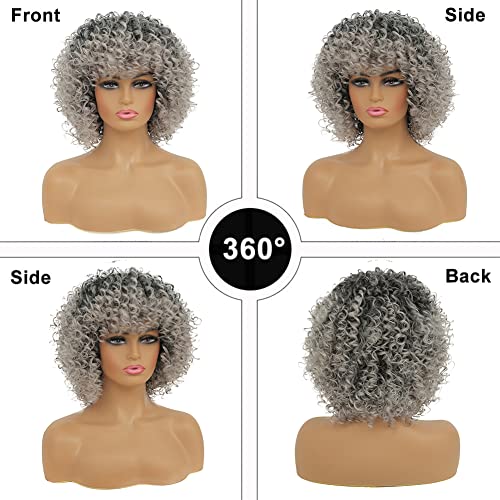 Gray Afro Curly Wig with Bangs for Black Women - Ombre Short Hair, Adjustable Fit, Synthetic Fluffy Style - Variation of THIS listing