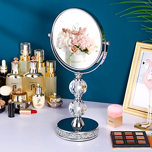 Hanjue Makeup Mirror, 360 Degree Swivel Vanity Mirror, Crystal Cosmetic Mirror, 1X/5X Magnifying Double Sided Mirror,Adjustable Makeup Mirror M020