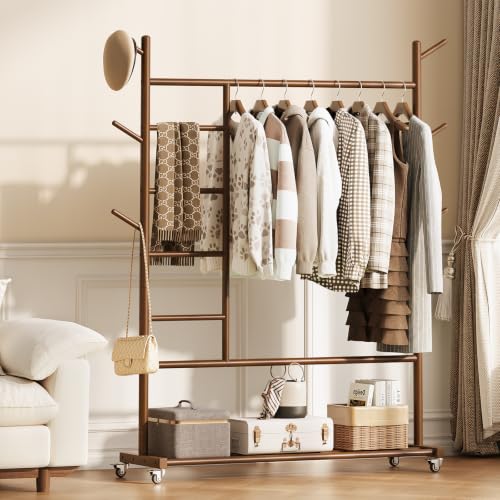 Walnut Wooden Clothing Rack 4-in-1 with Wheels - Heavy Duty & Portable