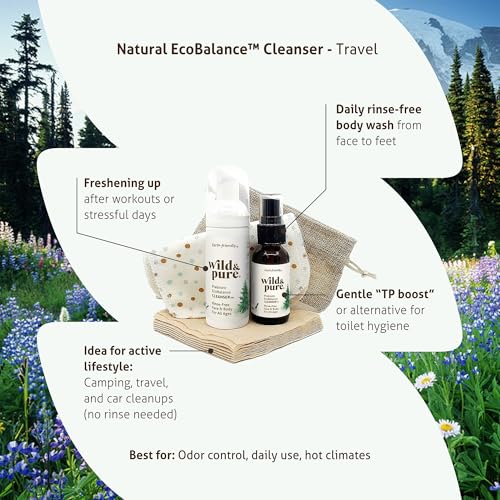 Wild & Pure EWG Verified Natural Travel Size Body Wash Set (1.7oz Foam, 0.9oz Spray + wipes) | Cleanser, Deodorizer, Moisturizer | pH-Balanced, Microbiome-Friendly, Plant-Based | Refillable Skincare
