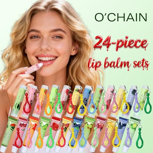 24 Pack Lip Balm Set with Portable Keychain - Natural Fruit Flavors