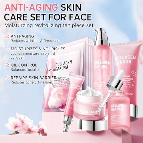 10-Piece Sakura Skin Care Set for Teens & Women Travel Kit Hydrating & Repairing
