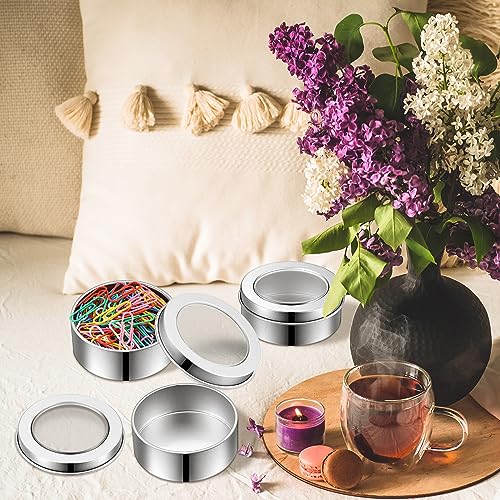 TecUnite 48 Pack 2 Ounce Metal Tin Cans Round Empty Container Salve Tins with Clear Lid for Kitchen, Office, Candles, Candies