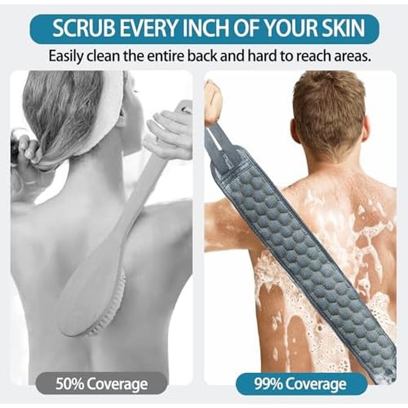 Inmorven Back Scrubber for Shower Exfoliating Body Scrubber 40 inch Double-Sided Back Exfoliator Scrub Towel, Bath Body Brush Widened Back Washer with Handle for Men and Women (Grey)